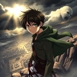 Eren Jaeger, a determined young warrior with wild dark green eyes and short, tousled dark hair, wearing a military uniform from the anime series Attack on Titan