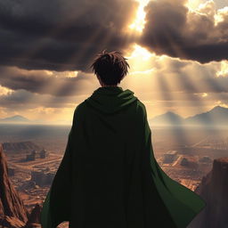 Eren Yeager, viewed from the back, standing on a windswept cliff, wearing his signature Survey Corps cloak, the green fabric billowing behind him