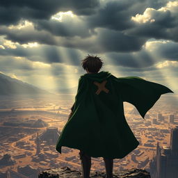 Eren Yeager, viewed from the back, standing on a windswept cliff, wearing his signature Survey Corps cloak, the green fabric billowing behind him