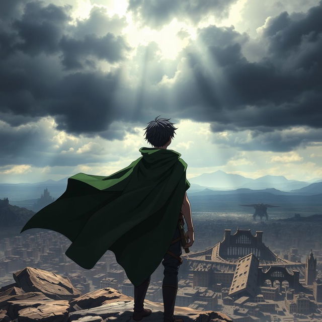 Eren Yeager, viewed from the back, standing on a windswept cliff, wearing his signature Survey Corps cloak, the green fabric billowing behind him