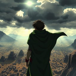 Eren Yeager, viewed from the back, standing on a windswept cliff, wearing his signature Survey Corps cloak, the green fabric billowing behind him