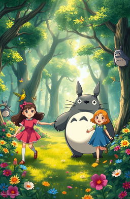 In a vibrant, lush forest, the beloved character Totoro, a large, fluffy, grey creature with a friendly smile, leads two young sisters by the hand