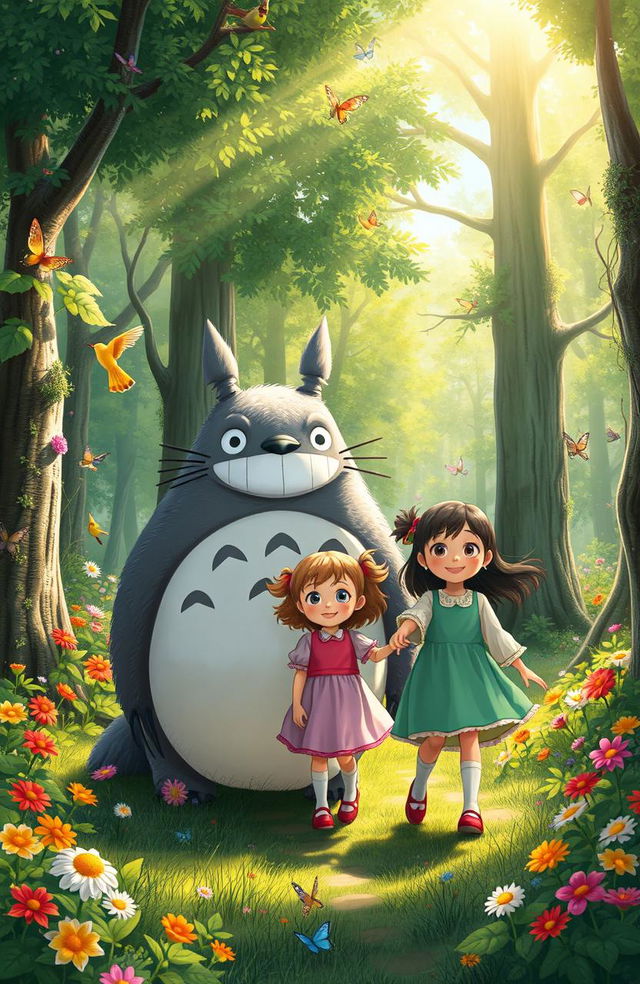 In a vibrant, lush forest, the beloved character Totoro, a large, fluffy, grey creature with a friendly smile, leads two young sisters by the hand