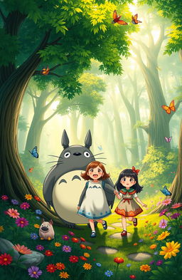 In a vibrant, lush forest, the beloved character Totoro, a large, fluffy, grey creature with a friendly smile, leads two young sisters by the hand