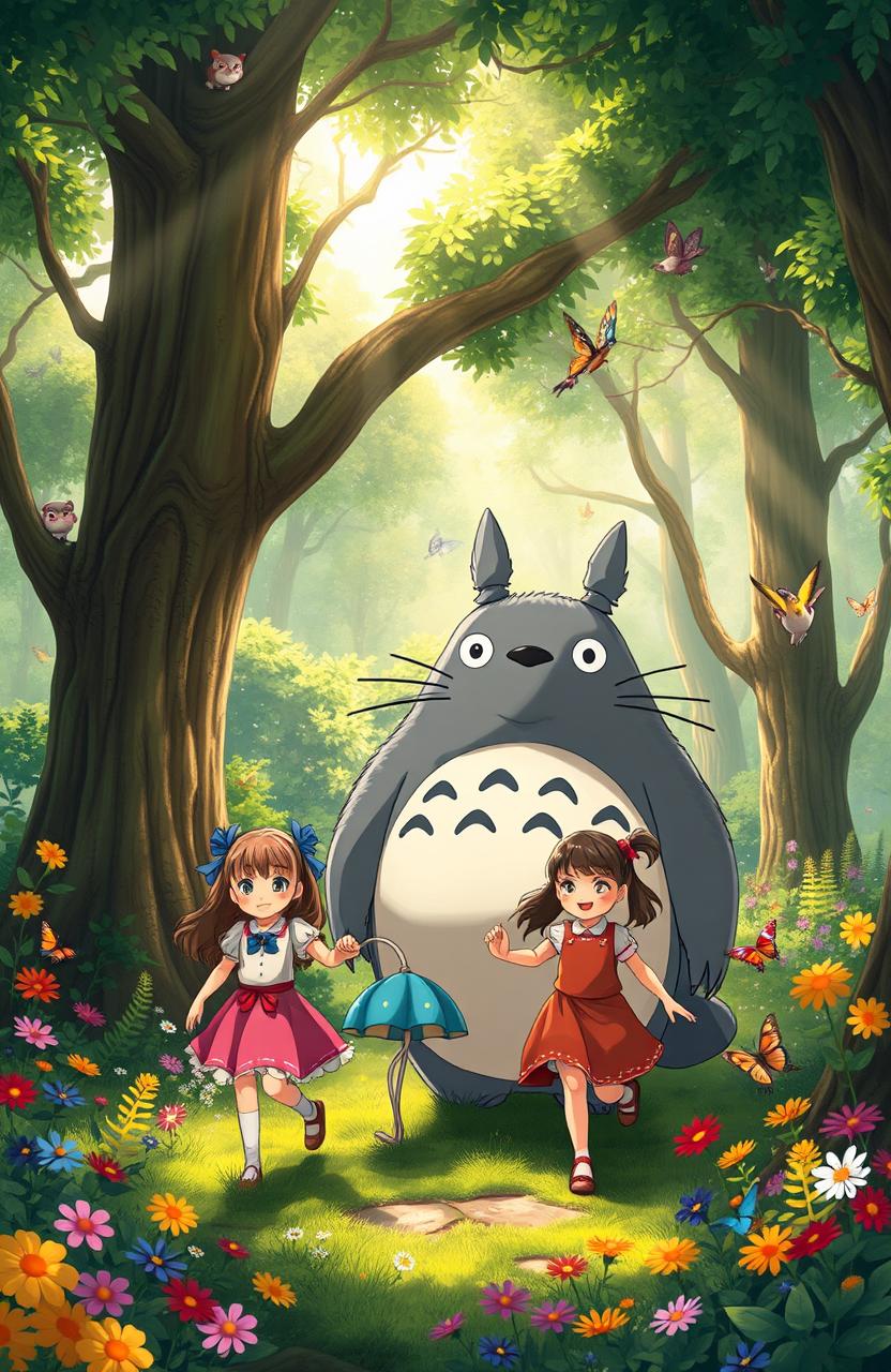 In a vibrant, lush forest, the beloved character Totoro, a large, fluffy, grey creature with a friendly smile, leads two young sisters by the hand