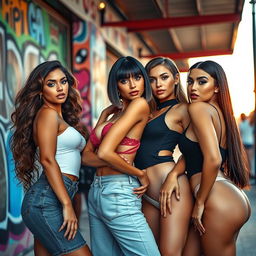 A stunning scene featuring beautiful, sexy women posing confidently in fashionable outfits that accentuate their curves, exuding elegance and allure