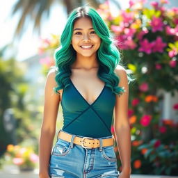 An 18-year-old Filipina girl with vibrant green hair styled in playful waves, wearing a stylish One Piece swimsuit layered beneath a pair of fashionable jeans