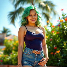 An 18-year-old Filipina girl with vibrant green hair styled in playful waves, wearing a stylish One Piece swimsuit layered beneath a pair of fashionable jeans