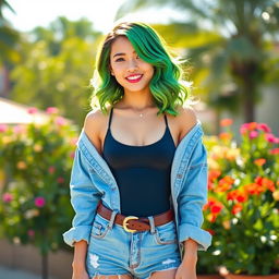 An 18-year-old Filipina girl with vibrant green hair styled in playful waves, wearing a stylish One Piece swimsuit layered beneath a pair of fashionable jeans