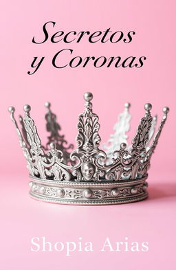 A silver crown finely detailed, sitting majestically against a light pink background