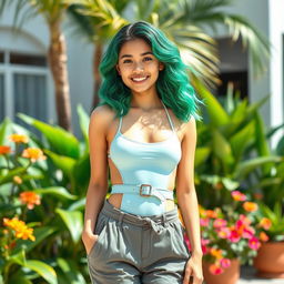 An 18-year-old Filipina girl with striking green hair styled in dynamic waves, wearing a high-cut One Piece swimsuit that is cleverly covered by trendy pants