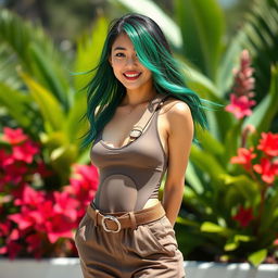 An 18-year-old Filipina girl with eye-catching green hair styled beautifully, wearing a high-fashion One Piece swimsuit that is stylishly covered by chic pants