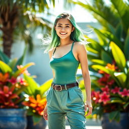 An 18-year-old Filipina girl with eye-catching green hair styled beautifully, wearing a high-fashion One Piece swimsuit that is stylishly covered by chic pants