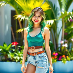 An 18-year-old Chinese Filipina girl with vibrant green hair styled in playful waves, wearing a stylish One Piece swimsuit creatively layered underneath a pair of fitted jeans