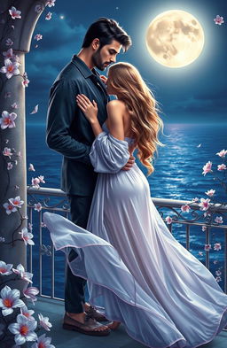 A romantic and enchanting scene titled 'Seduction's Serenade: Yearning in the Moonlight'