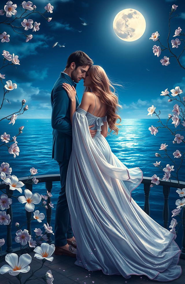 A romantic and enchanting scene titled 'Seduction's Serenade: Yearning in the Moonlight'