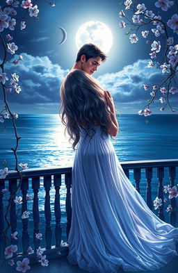 A romantic and enchanting scene titled 'Seduction's Serenade: Yearning in the Moonlight'