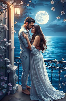 A romantic and enchanting scene titled 'Seduction's Serenade: Yearning in the Moonlight'