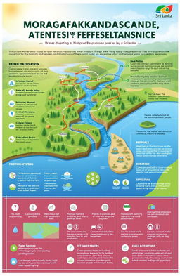An informative and detailed infographic illustrating the water diversion and water resources planning in the Moragahakanda Multipurpose Reservoir Project of Sri Lanka