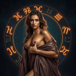 An alluring and seductive scene inspired by astrology, featuring zodiac symbols intertwined with a seductive figure, draped in luxurious fabric, illuminated by soft, ethereal lighting