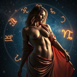 An alluring and seductive scene inspired by astrology, featuring zodiac symbols intertwined with a seductive figure, draped in luxurious fabric, illuminated by soft, ethereal lighting