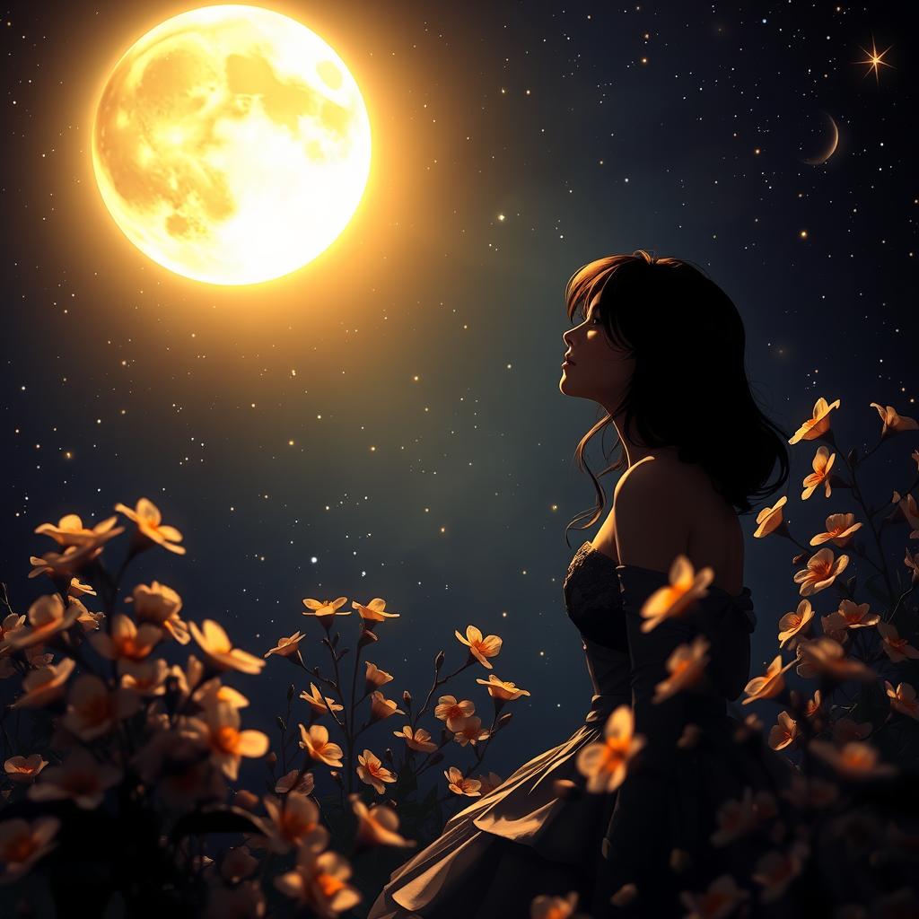 A romantic scene under a starry night sky, showcasing a mysterious figure in elegant attire, gazing longingly at the luminous moon