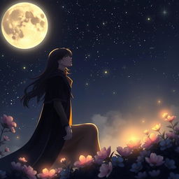 A romantic scene under a starry night sky, showcasing a mysterious figure in elegant attire, gazing longingly at the luminous moon