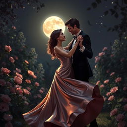 A romantic scene featuring two elegant figures engaging in a dance under the moonlight