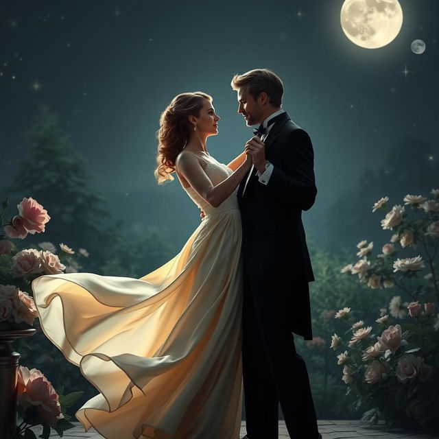 A romantic scene featuring two elegant figures engaging in a dance under the moonlight