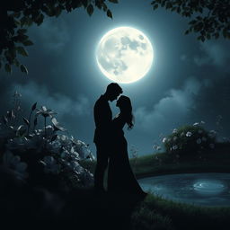 A romantic scene depicting seduction and yearning under a full moon, casting a silvery glow over a lush, serene garden
