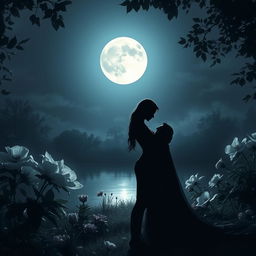 A romantic scene depicting seduction and yearning under a full moon, casting a silvery glow over a lush, serene garden