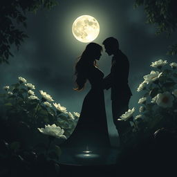 A romantic scene depicting seduction and yearning under a full moon, casting a silvery glow over a lush, serene garden