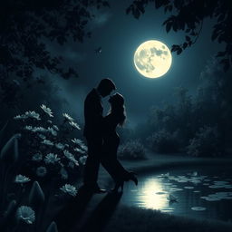 A romantic scene depicting seduction and yearning under a full moon, casting a silvery glow over a lush, serene garden