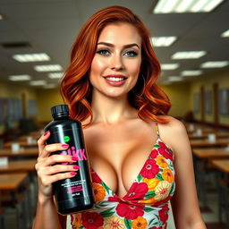 A stunning close-up shot of a gorgeous female redhead, wearing a vibrant floral pattern sundress that accentuates her large chest and subtle cleavage