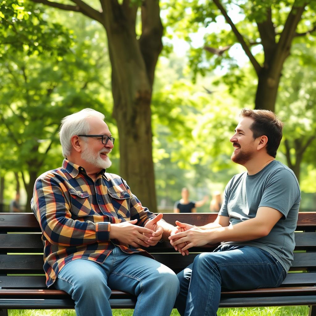 A heartwarming scene of a man and his dad enjoying a heartfelt conversation