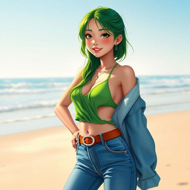 A vibrant portrayal of a green-haired Chinese-Filipina girl wearing a stylish One Piece swimsuit that peeks out from under her fashionable jeans, which are cinched at the waist with a chic belt