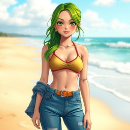 A vibrant portrayal of a green-haired Chinese-Filipina girl wearing a stylish One Piece swimsuit that peeks out from under her fashionable jeans, which are cinched at the waist with a chic belt