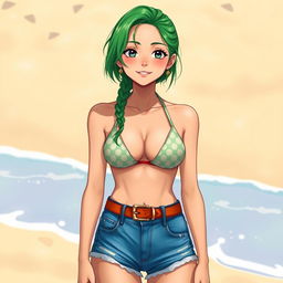 A vibrant portrayal of a green-haired Chinese-Filipina girl wearing a stylish One Piece swimsuit that peeks out from under her fashionable jeans, which are cinched at the waist with a chic belt