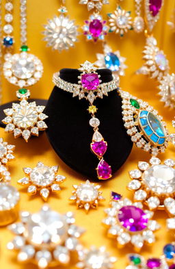 A dazzling collection of jewelry featuring an array of sparkling diamonds, colorful gemstones, and intricate designs