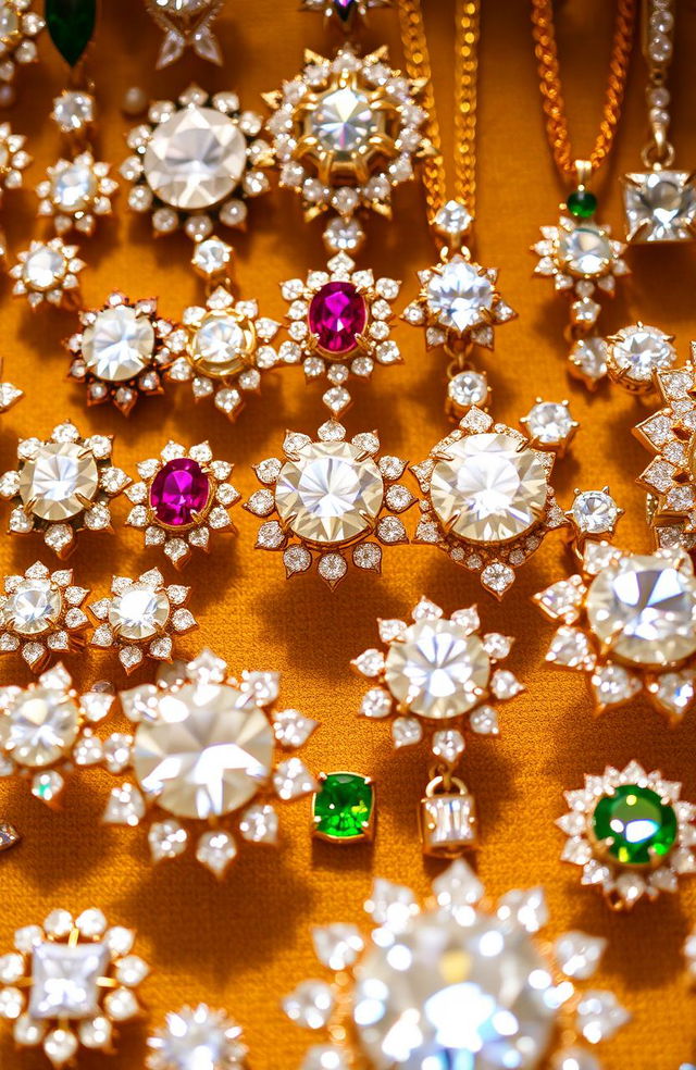 A dazzling collection of jewelry featuring an array of sparkling diamonds, colorful gemstones, and intricate designs