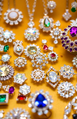 A dazzling collection of jewelry featuring an array of sparkling diamonds, colorful gemstones, and intricate designs