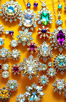 A dazzling collection of jewelry featuring an array of sparkling diamonds, colorful gemstones, and intricate designs