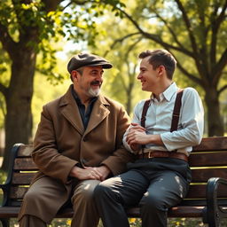 A nostalgic scene depicting a father and son engaged in a heartfelt conversation in a vintage setting