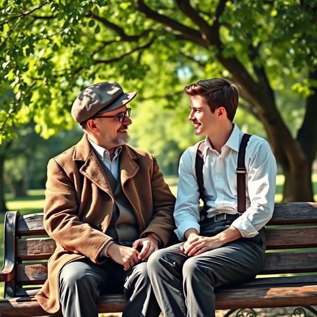 A nostalgic scene depicting a father and son engaged in a heartfelt conversation in a vintage setting