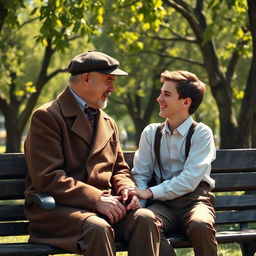 A nostalgic scene depicting a father and son engaged in a heartfelt conversation in a vintage setting