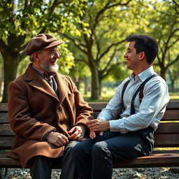 A nostalgic scene depicting a father and son engaged in a heartfelt conversation in a vintage setting