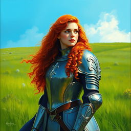 A female knight with long, curly red hair, standing proudly in a lush green field under a bright blue sky