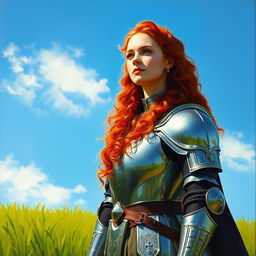 A female knight with long, curly red hair, standing proudly in a lush green field under a bright blue sky