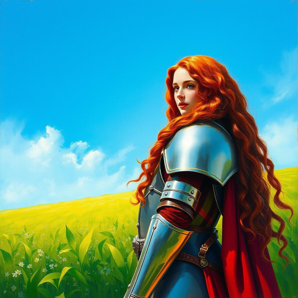 A female knight with long, curly red hair, standing proudly in a lush green field under a bright blue sky