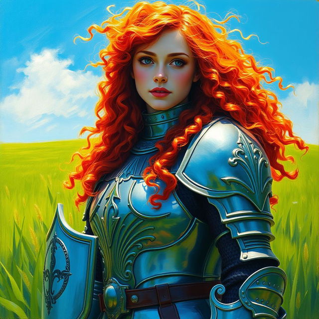 A female knight with long, curly red hair, standing proudly in a lush green field under a bright blue sky